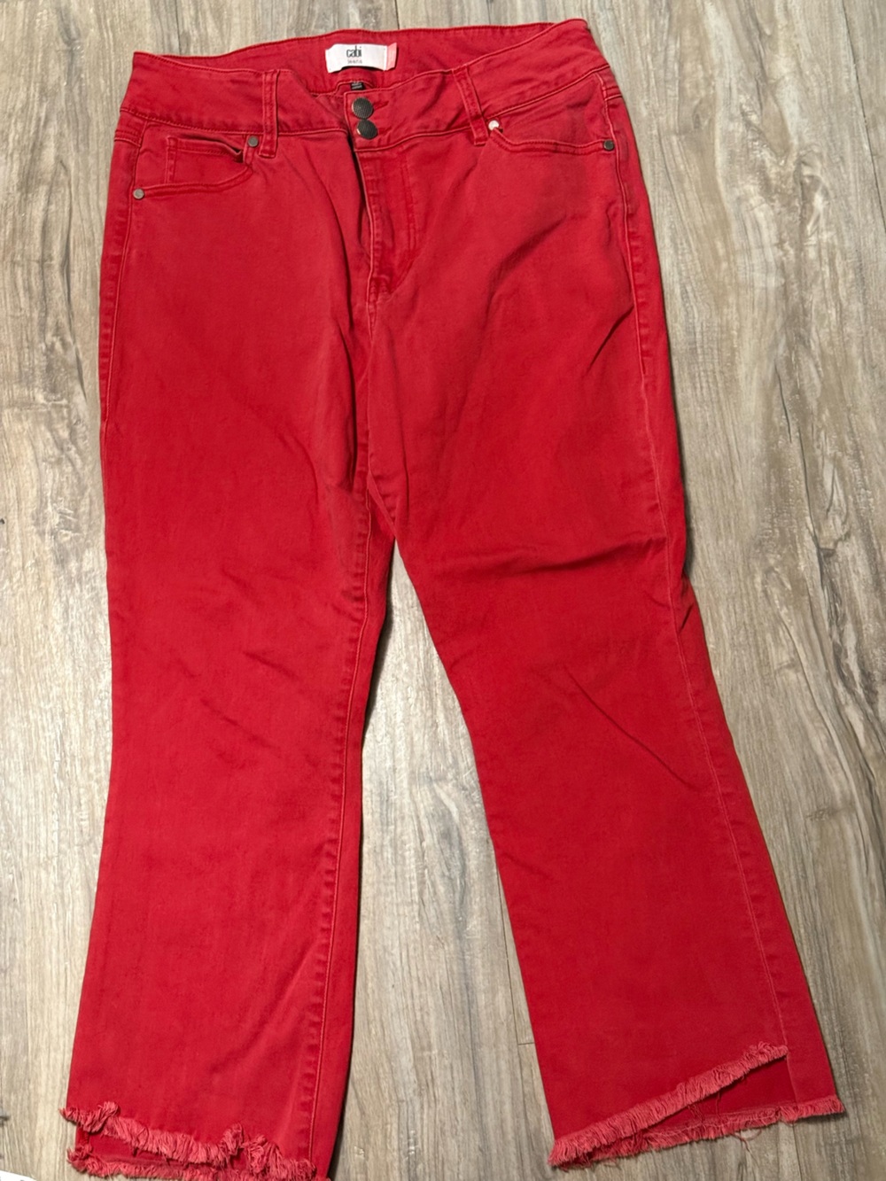 Cabi High-Low Crop Frayed Raw Hem Jeans Size 14 Red Style 5692